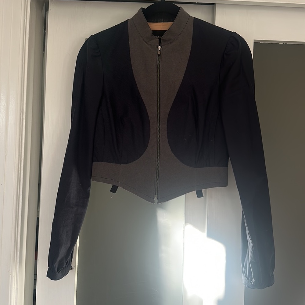 BCBG Navy Blue and Grey Cropped Cotton Jacket with Eyelit Closure Sz. XS